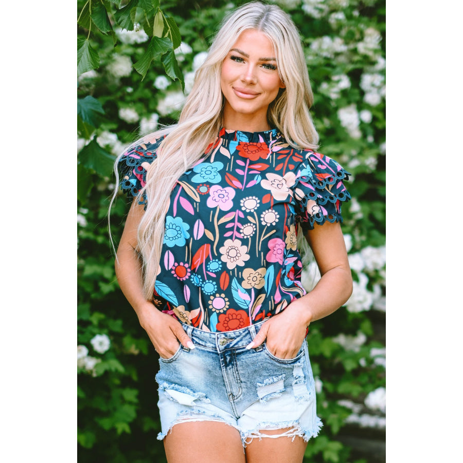 Printed Round Neck Short Sleeve Blouse Floral / S Apparel and Accessories