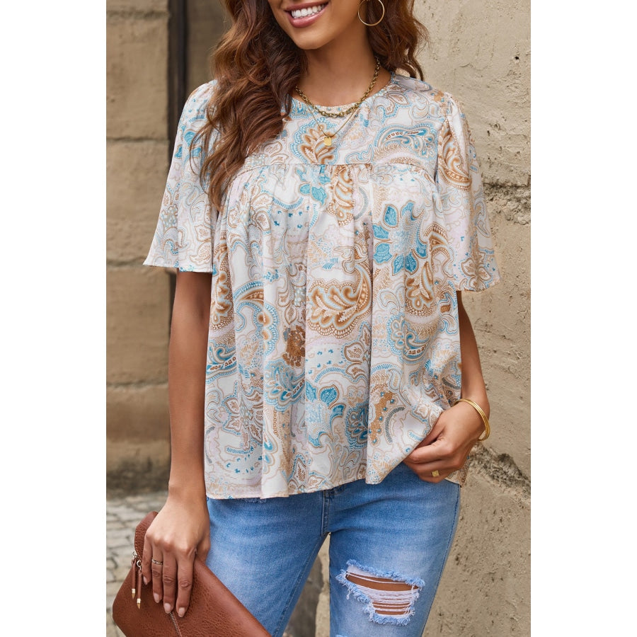 Printed Round Neck Short Sleeve Blouse Ivory / S