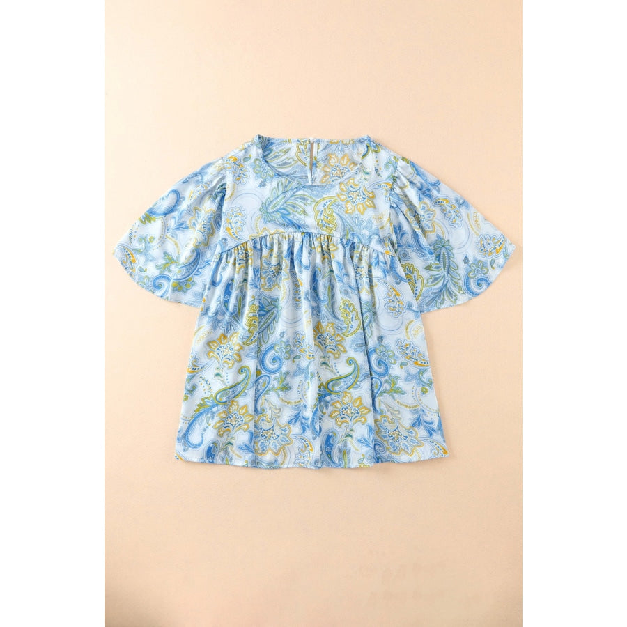 Printed Round Neck Short Sleeve Blouse Pastel Blue / S