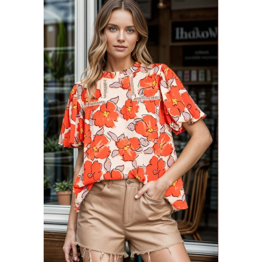 Printed Round Neck Short Sleeve Blouse Pumpkin / S Apparel and Accessories
