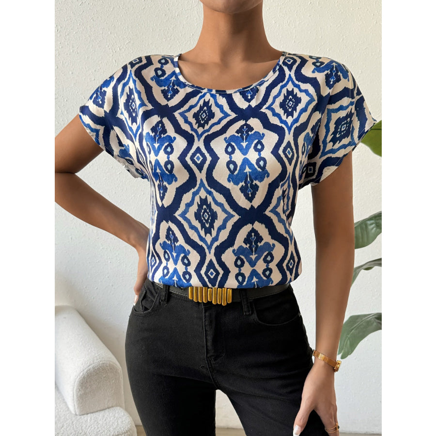 Printed Round Neck Short Sleeve Blouse Royal Blue / S Apparel and Accessories