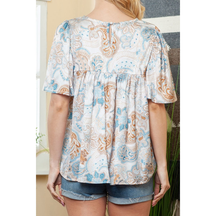 Printed Round Neck Short Sleeve Blouse