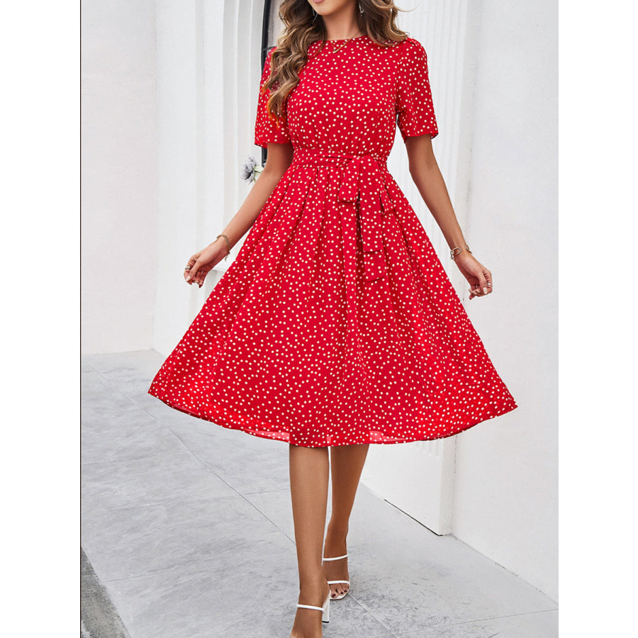 Printed Round Neck Short Sleeve Dress Apparel and Accessories