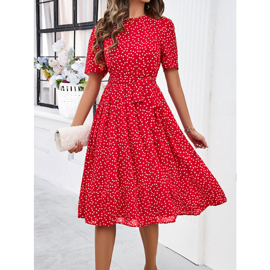 Printed Round Neck Short Sleeve Dress Apparel and Accessories