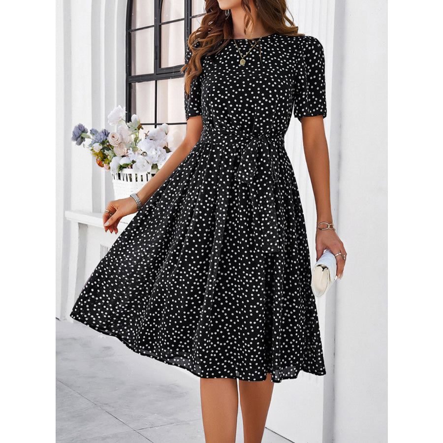 Printed Round Neck Short Sleeve Dress Apparel and Accessories