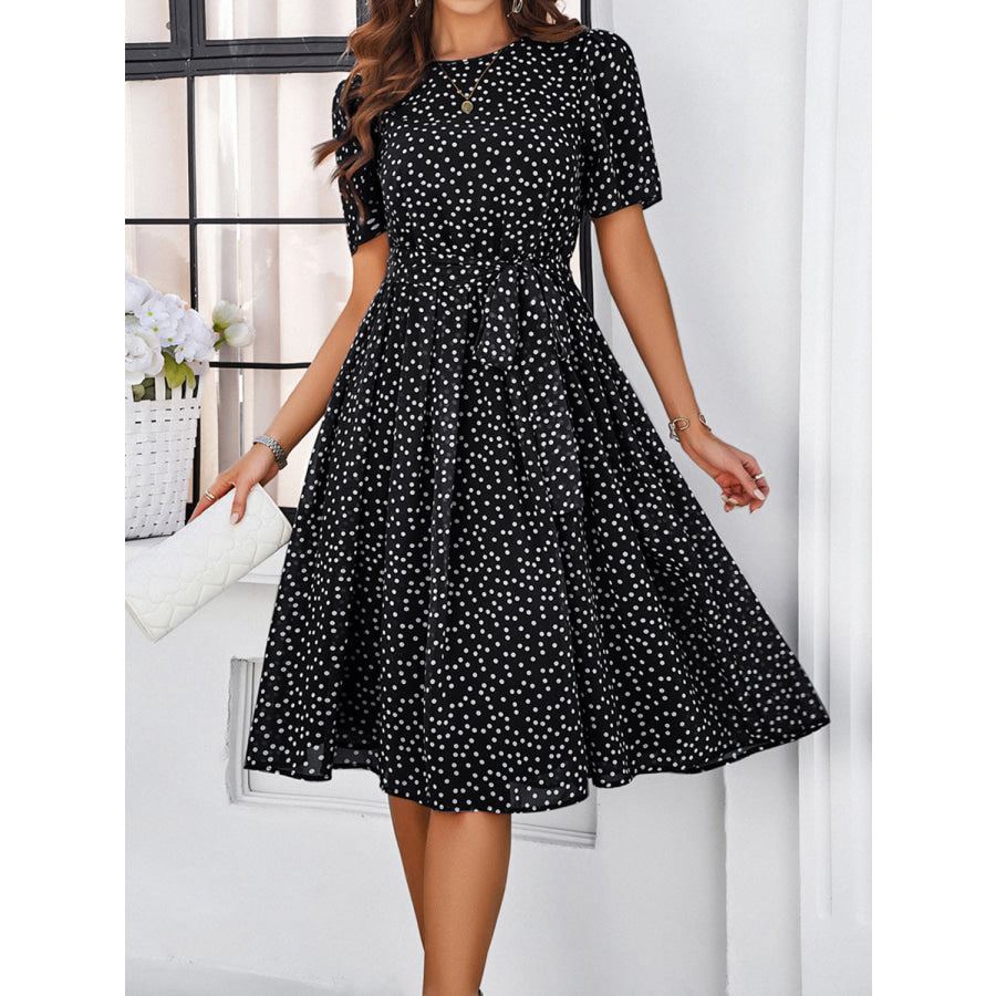 Printed Round Neck Short Sleeve Dress Black / S Apparel and Accessories