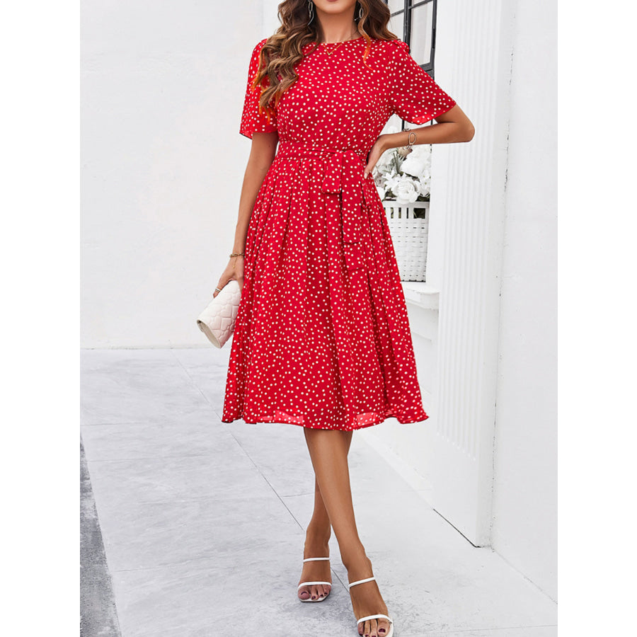 Printed Round Neck Short Sleeve Dress Red / S Apparel and Accessories