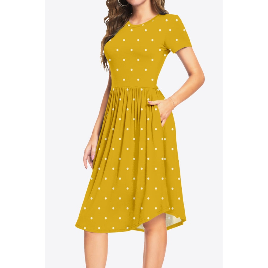 Printed Round Neck Short Sleeve Dress with Pockets Mustard / S