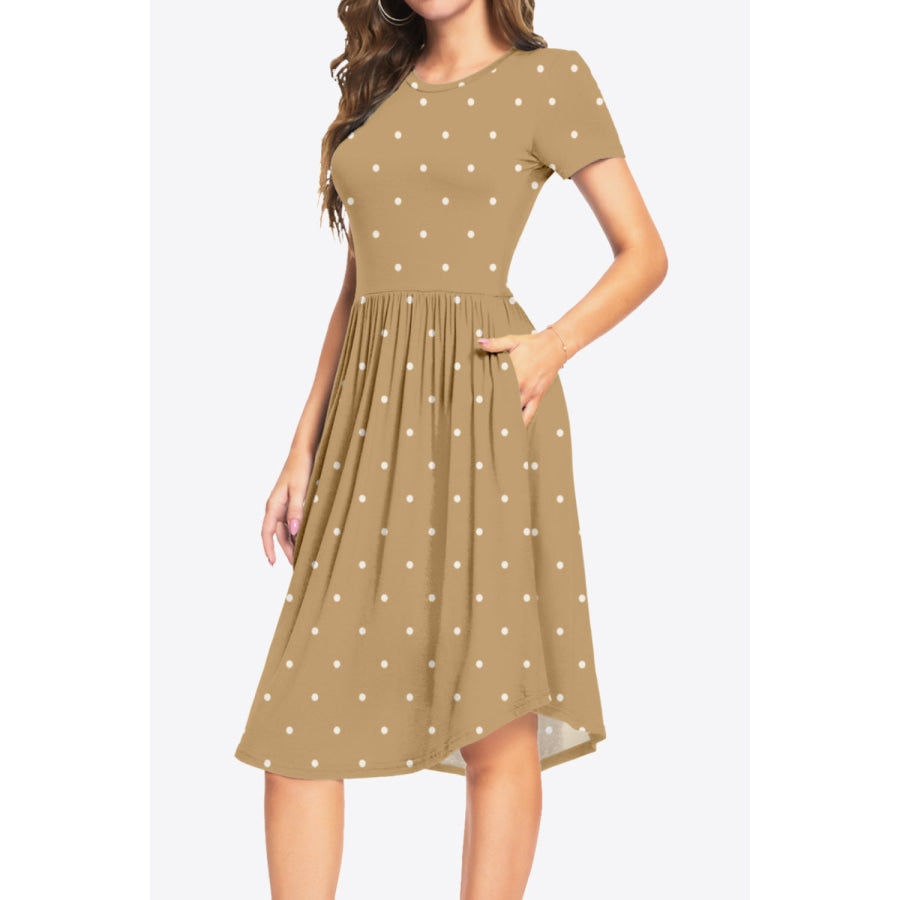 Printed Round Neck Short Sleeve Dress with Pockets Tan / S