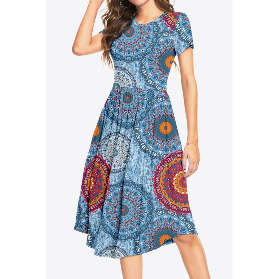 Printed Round Neck Short Sleeve Dress with Pockets