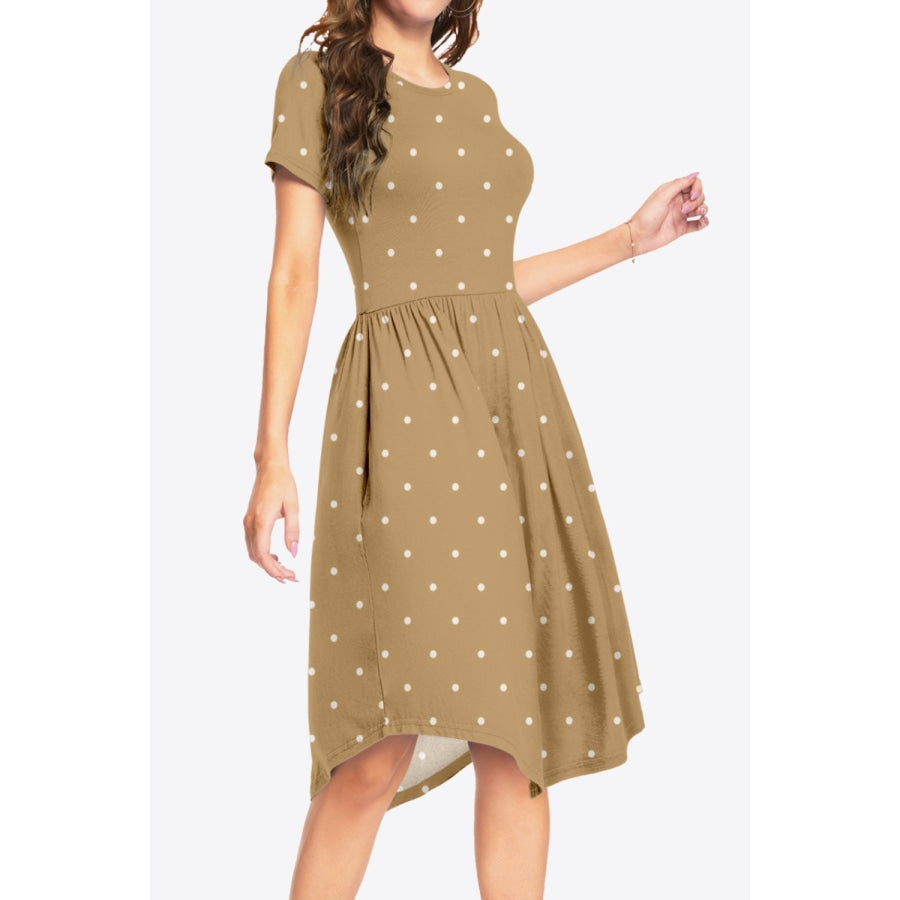 Printed Round Neck Short Sleeve Dress with Pockets