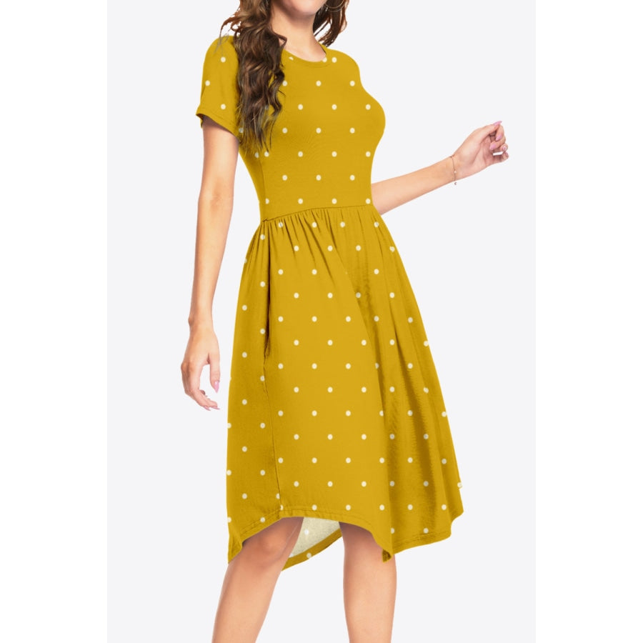 Printed Round Neck Short Sleeve Dress with Pockets