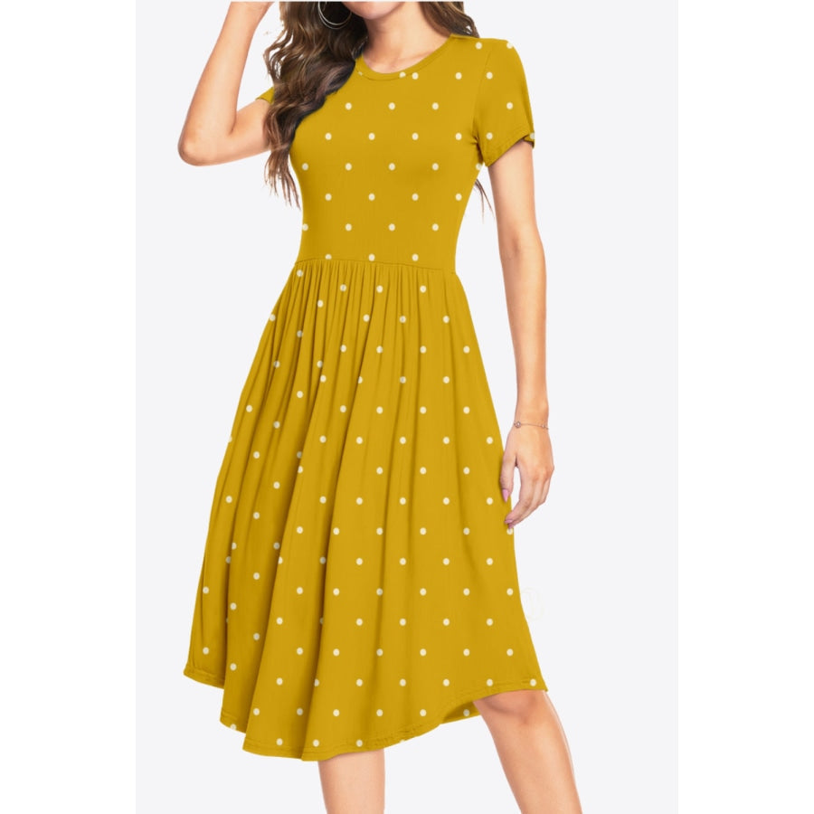 Printed Round Neck Short Sleeve Dress with Pockets