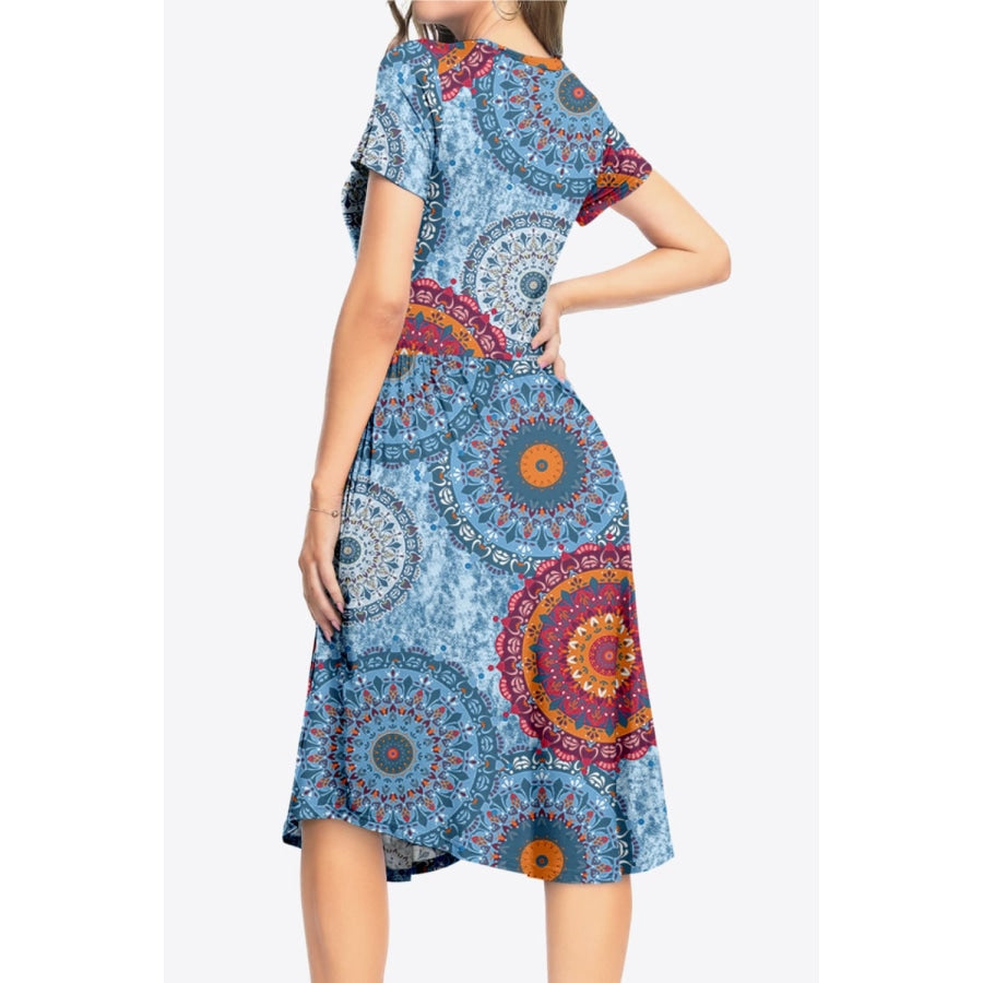 Printed Round Neck Short Sleeve Dress with Pockets