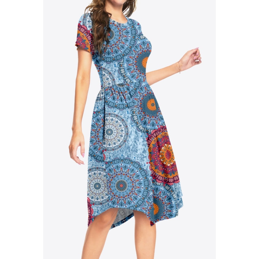 Printed Round Neck Short Sleeve Dress with Pockets