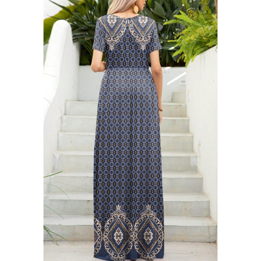 Printed Round Neck Short Sleeve Maxi Dress Apparel and Accessories