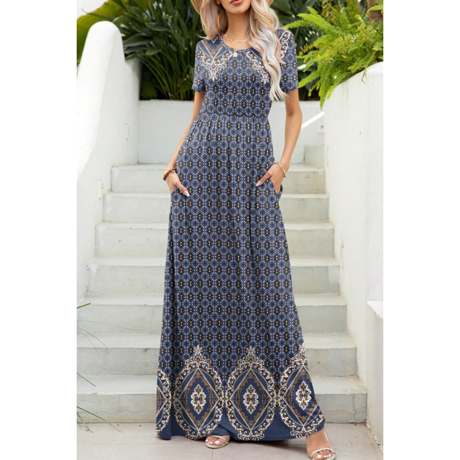 Printed Round Neck Short Sleeve Maxi Dress Apparel and Accessories