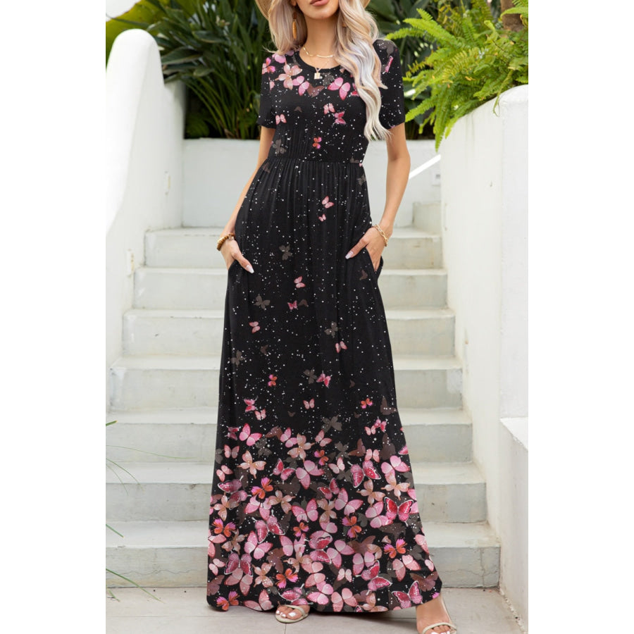 Printed Round Neck Short Sleeve Maxi Dress Apparel and Accessories