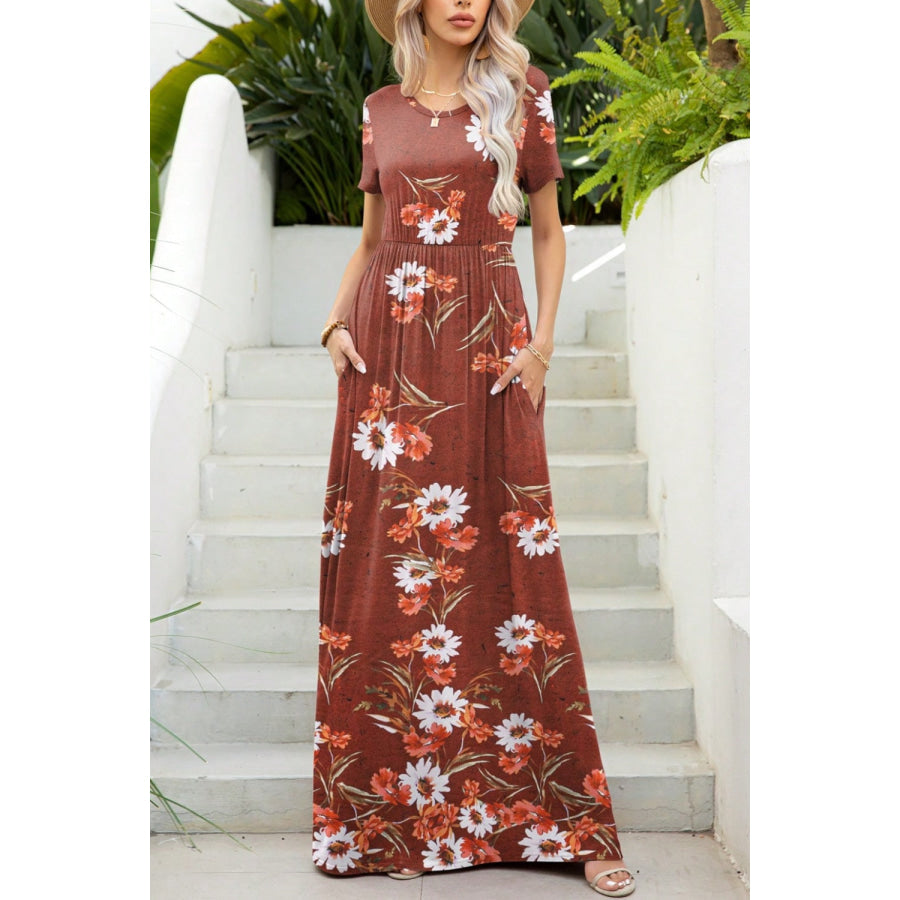 Printed Round Neck Short Sleeve Maxi Dress Apparel and Accessories