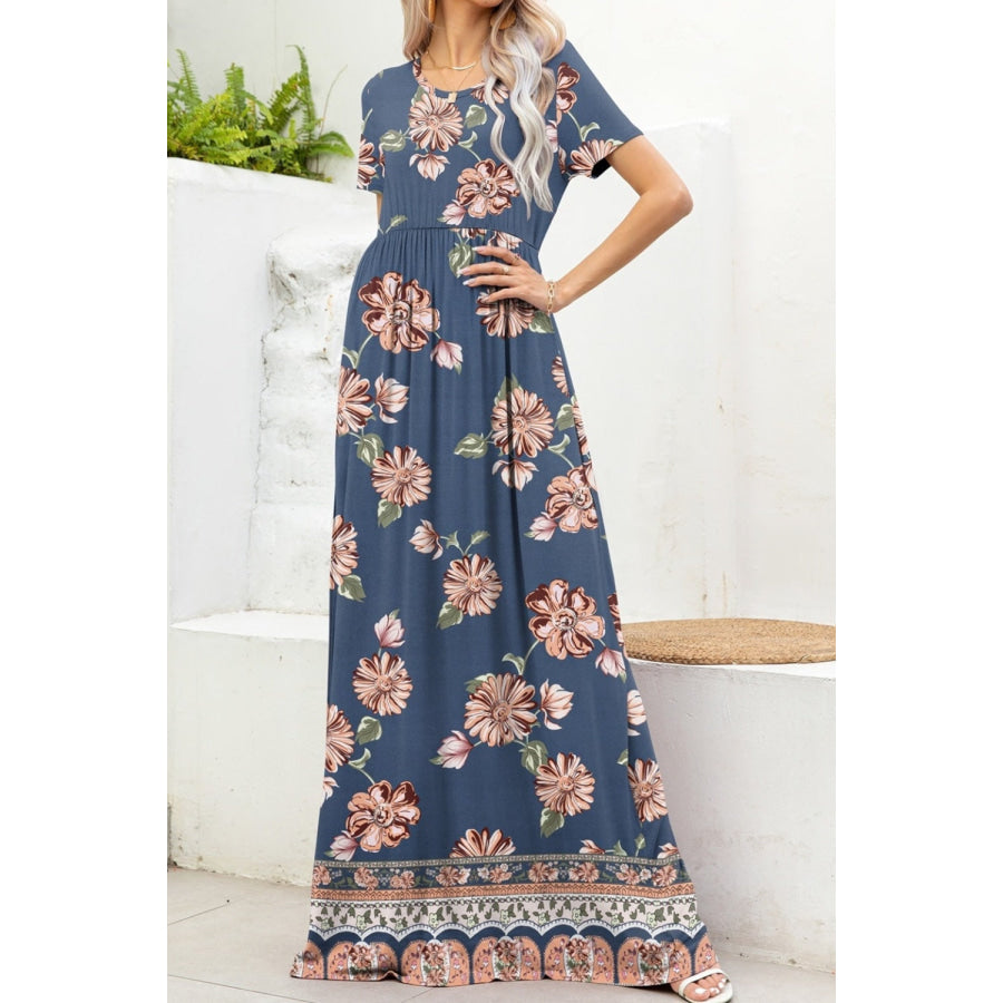 Printed Round Neck Short Sleeve Maxi Dress Apparel and Accessories