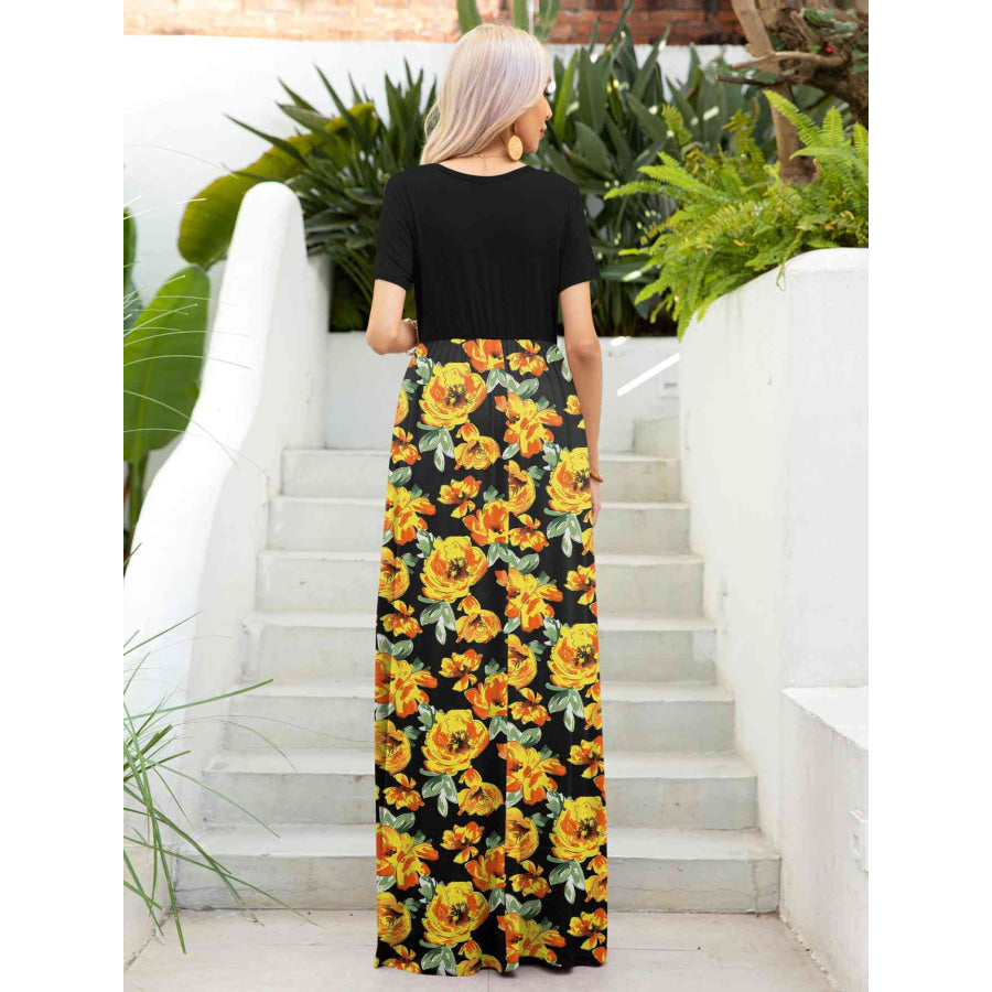 Printed Round Neck Short Sleeve Maxi Dress Apparel and Accessories