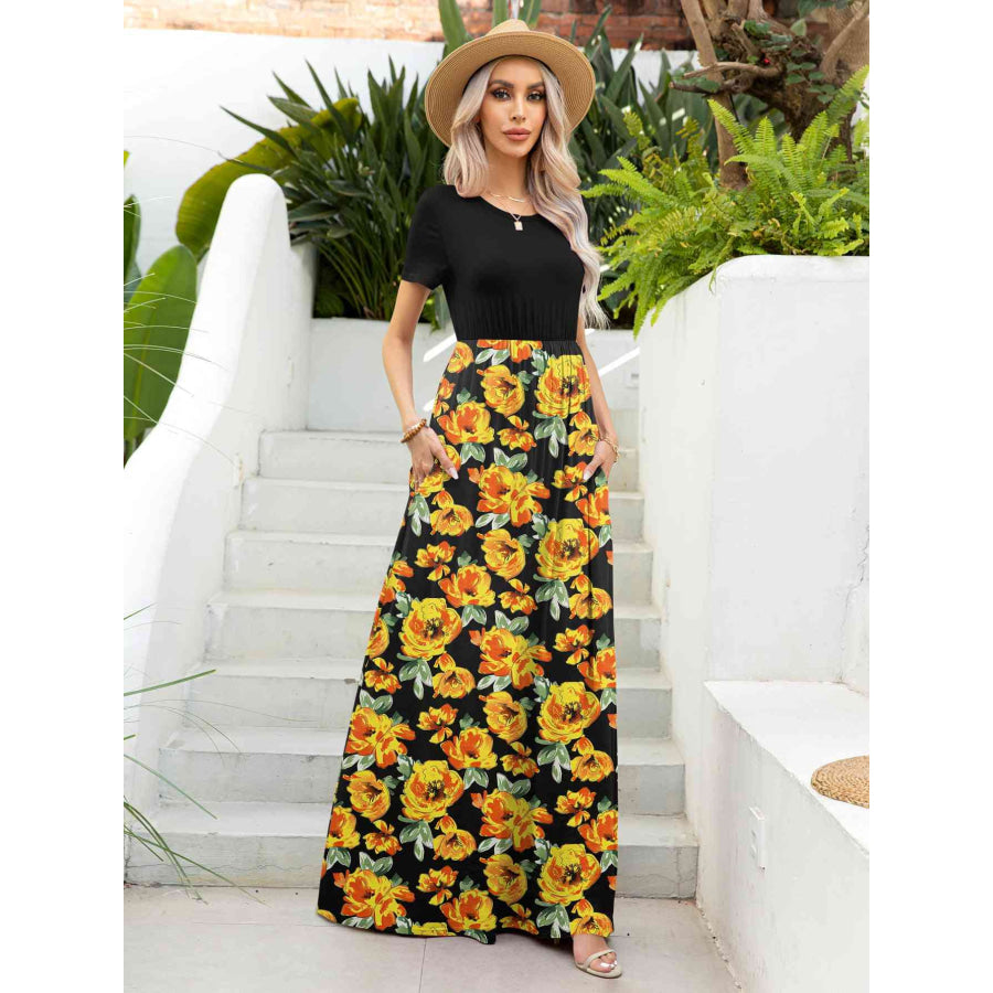 Printed Round Neck Short Sleeve Maxi Dress Apparel and Accessories