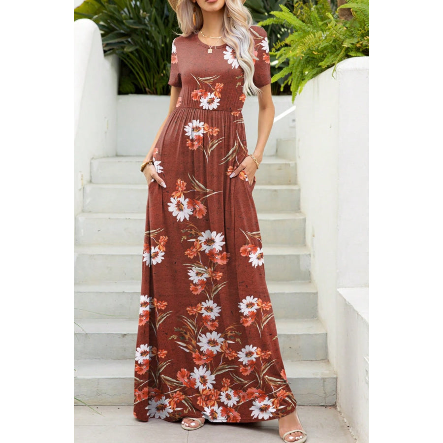 Printed Round Neck Short Sleeve Maxi Dress Apparel and Accessories