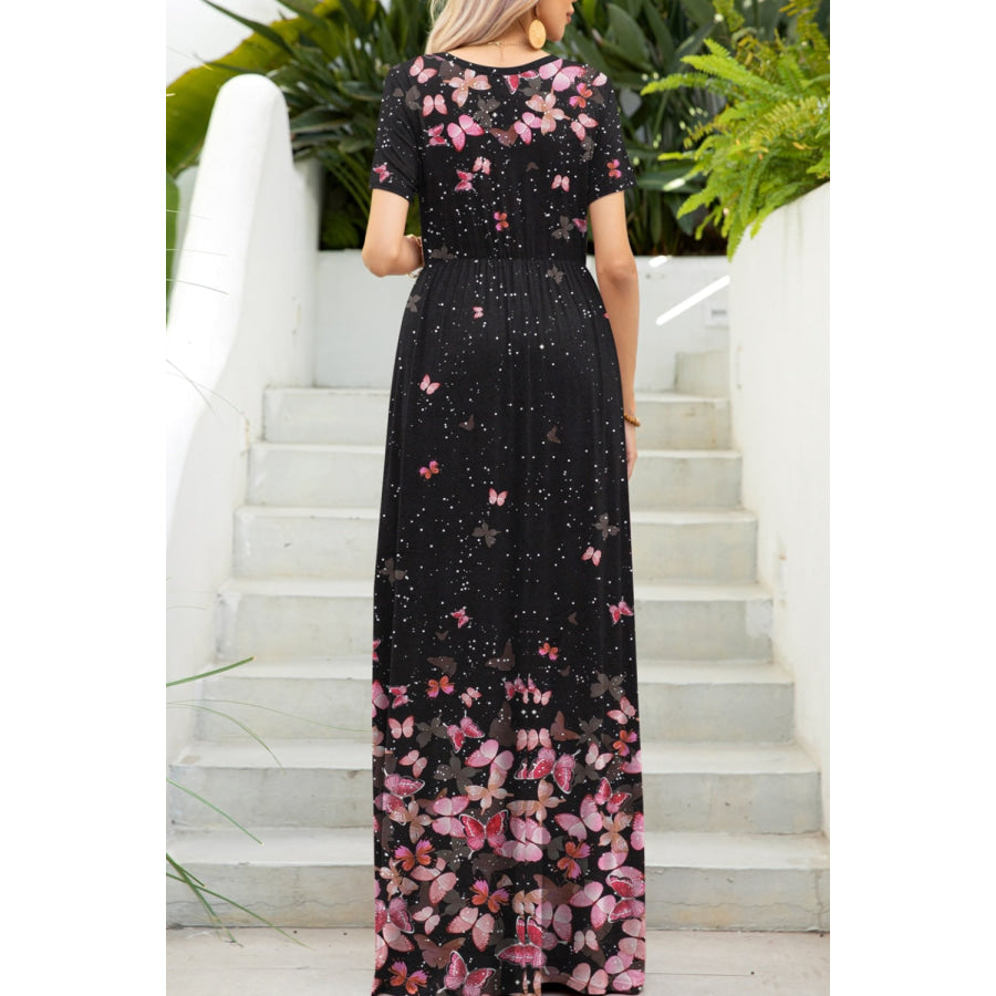 Printed Round Neck Short Sleeve Maxi Dress Apparel and Accessories