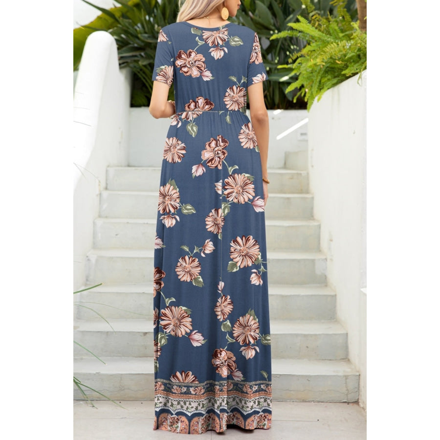 Printed Round Neck Short Sleeve Maxi Dress Apparel and Accessories