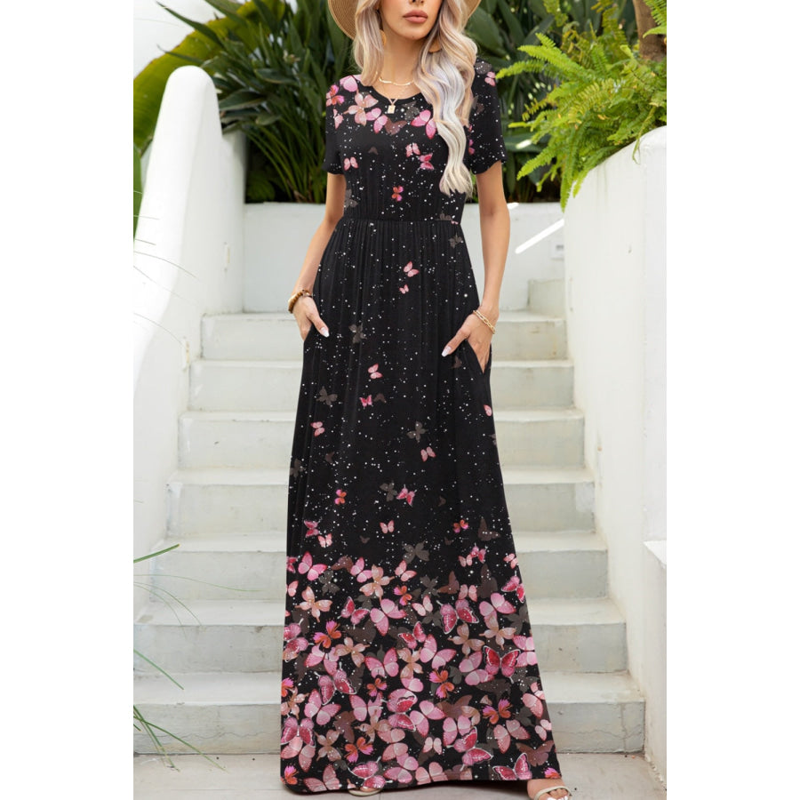 Printed Round Neck Short Sleeve Maxi Dress Black / S Apparel and Accessories