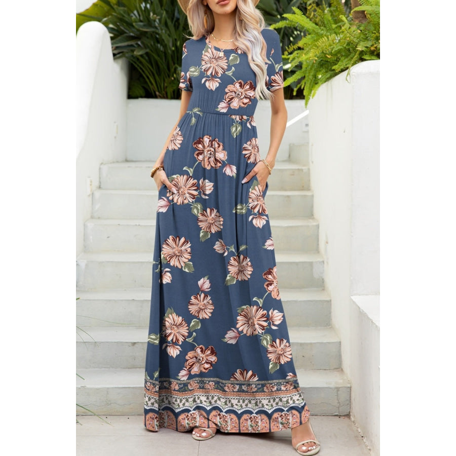 Printed Round Neck Short Sleeve Maxi Dress Dusty Blue / S Apparel and Accessories