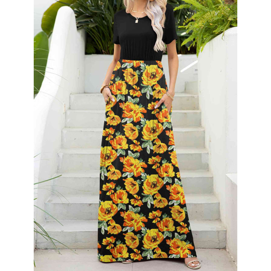 Printed Round Neck Short Sleeve Maxi Dress Floral / S Apparel and Accessories