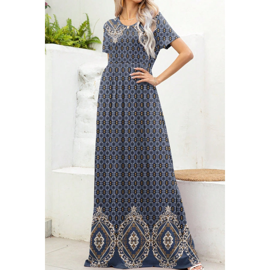 Printed Round Neck Short Sleeve Maxi Dress French Blue / S Apparel and Accessories