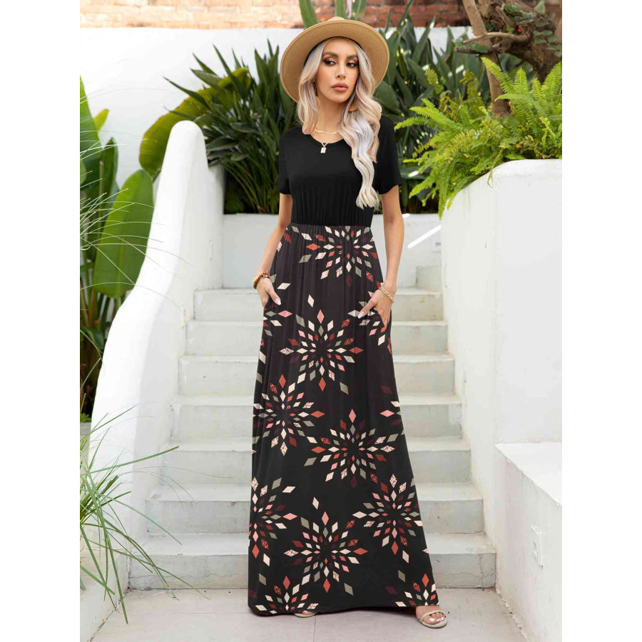 Printed Round Neck Short Sleeve Maxi Dress Multicolor / S Apparel and Accessories