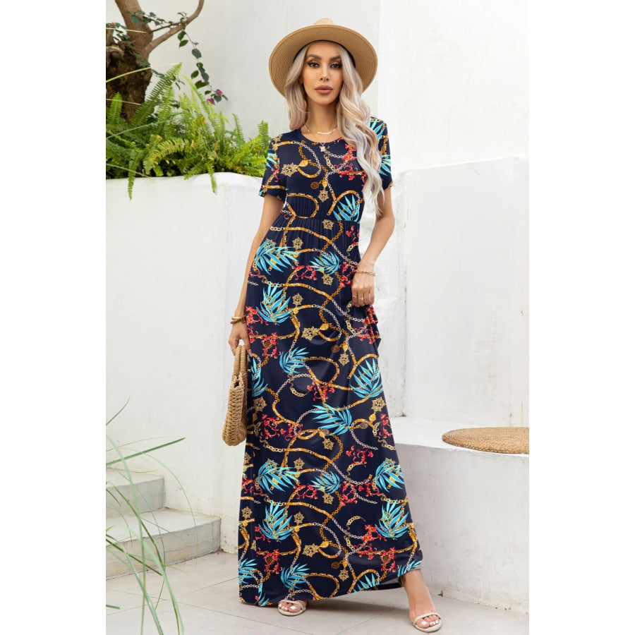 Printed Round Neck Short Sleeve Maxi Dress Navy / S