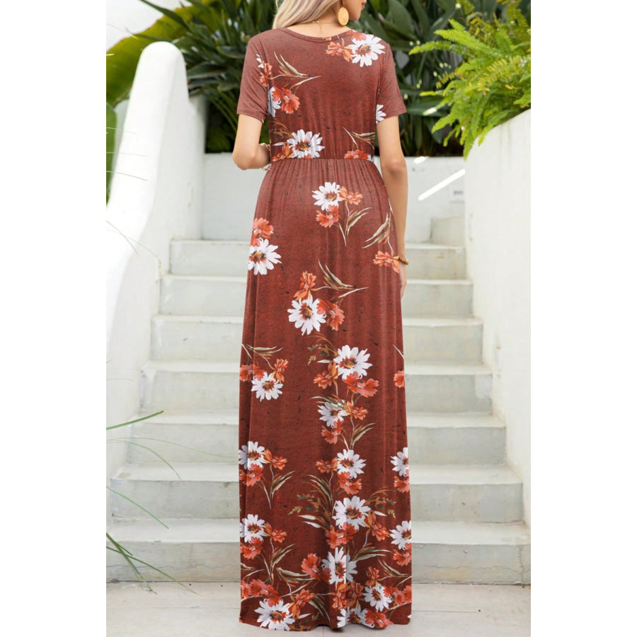 Printed Round Neck Short Sleeve Maxi Dress Rust / S Apparel and Accessories