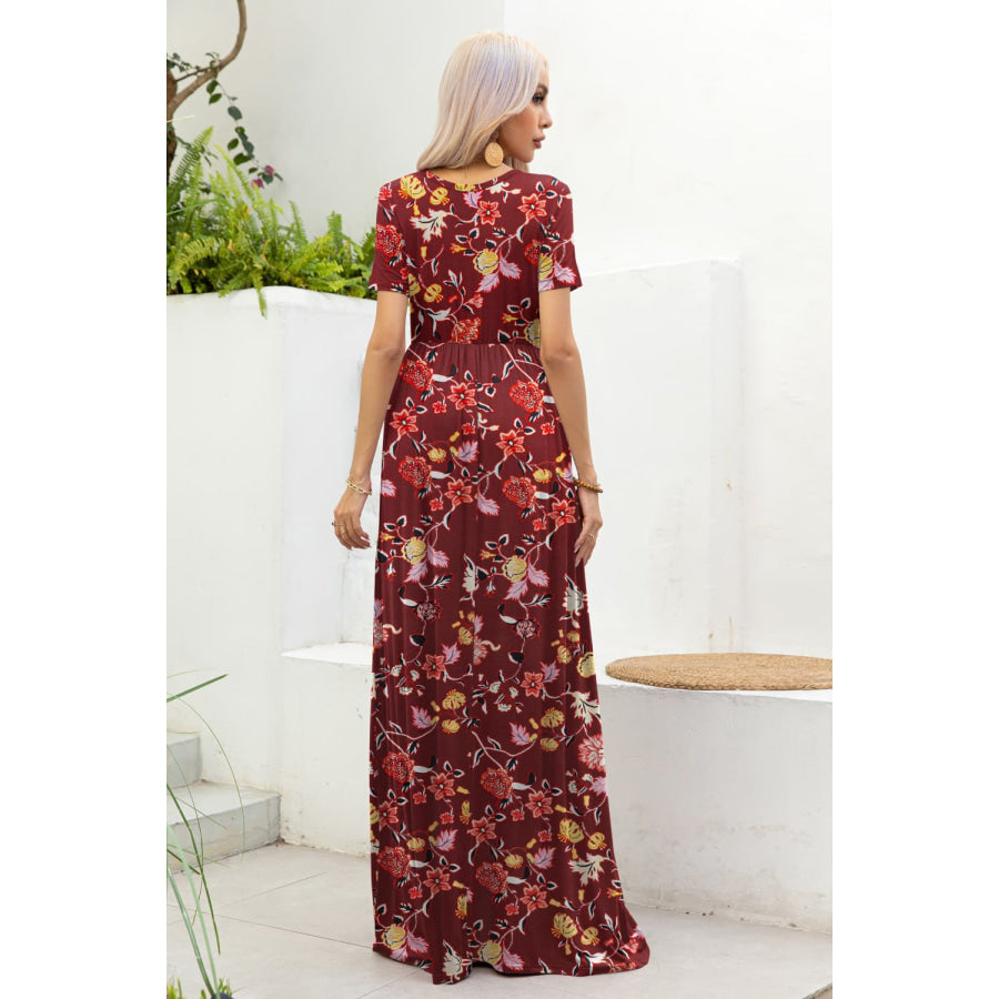 Printed Round Neck Short Sleeve Maxi Dress Wine / S