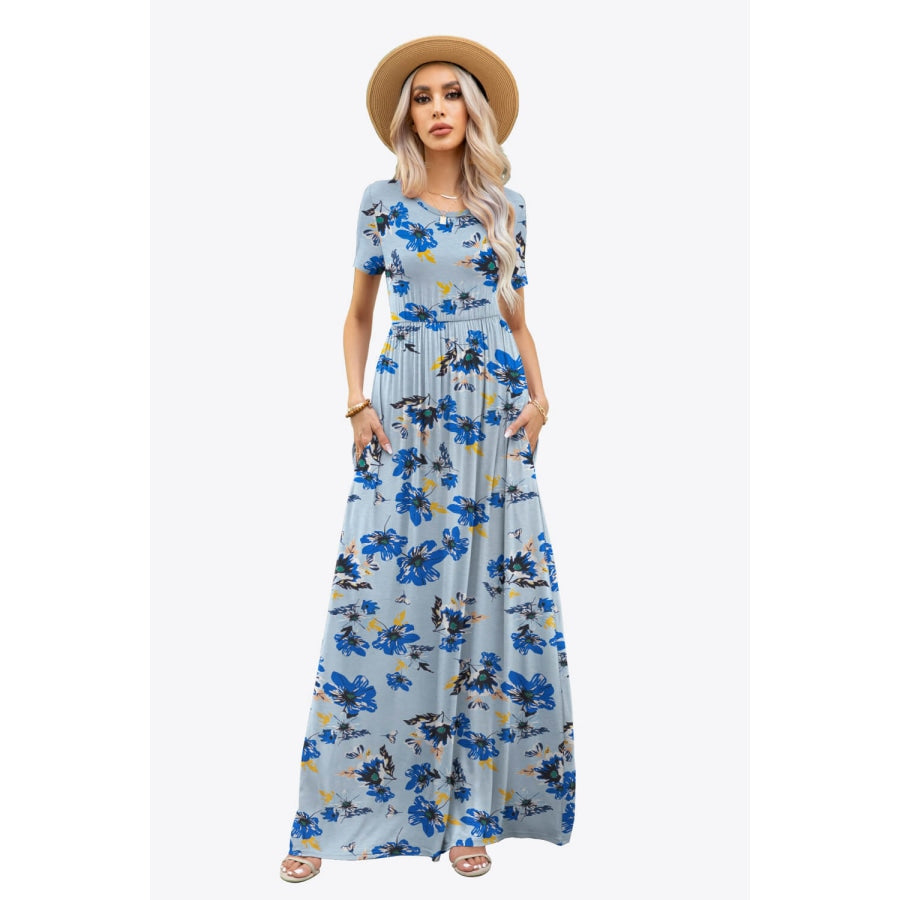 Printed Round Neck Short Sleeve Maxi Dress