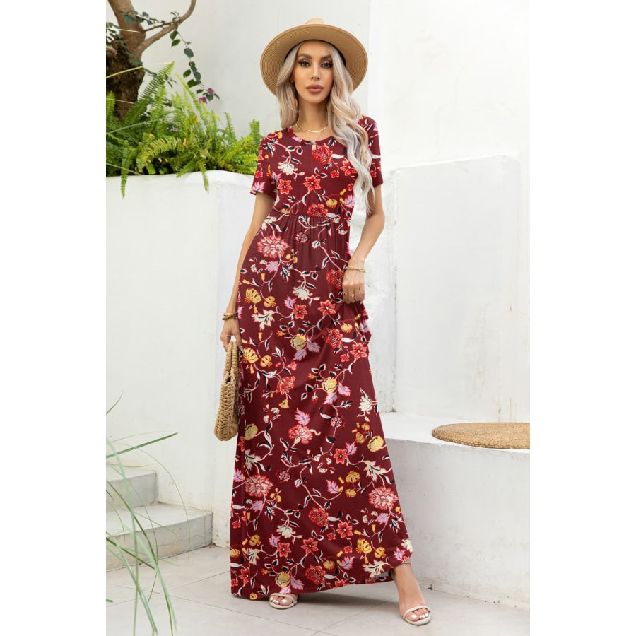 Printed Round Neck Short Sleeve Maxi Dress Wine / S