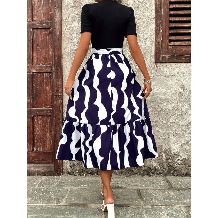 Printed Round Neck Short Sleeve Midi Dress Apparel and Accessories