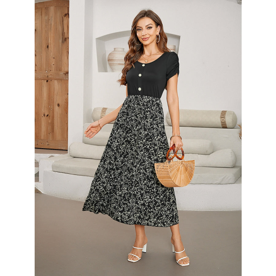 Printed Round Neck Short Sleeve Midi Dress Apparel and Accessories