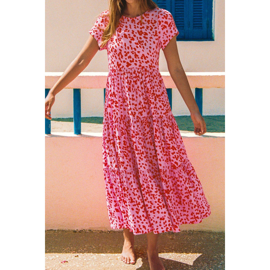 Printed Round Neck Short Sleeve Midi Dress Dusty Pink / S Apparel and Accessories
