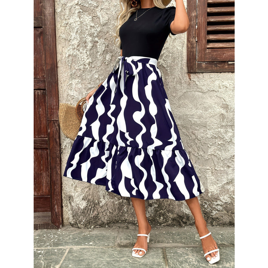 Printed Round Neck Short Sleeve Midi Dress Dark Blue / S Apparel and Accessories