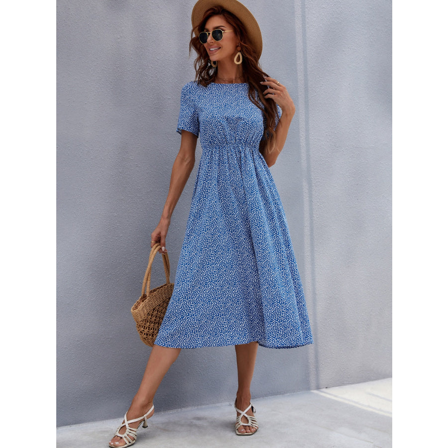 Printed Round Neck Short Sleeve Midi Dress Royal Blue / S Apparel and Accessories