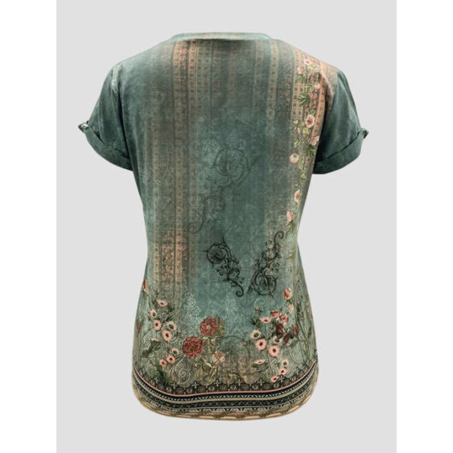 Printed Round Neck Short Sleeve T - Shirt Sage / S Apparel and Accessories