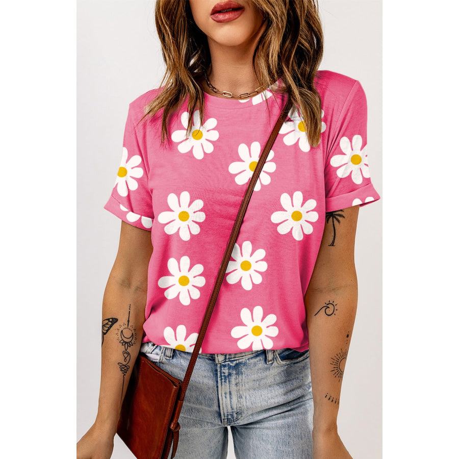 Printed Round Neck Short Sleeve T-Shirt Pink / S Apparel and Accessories