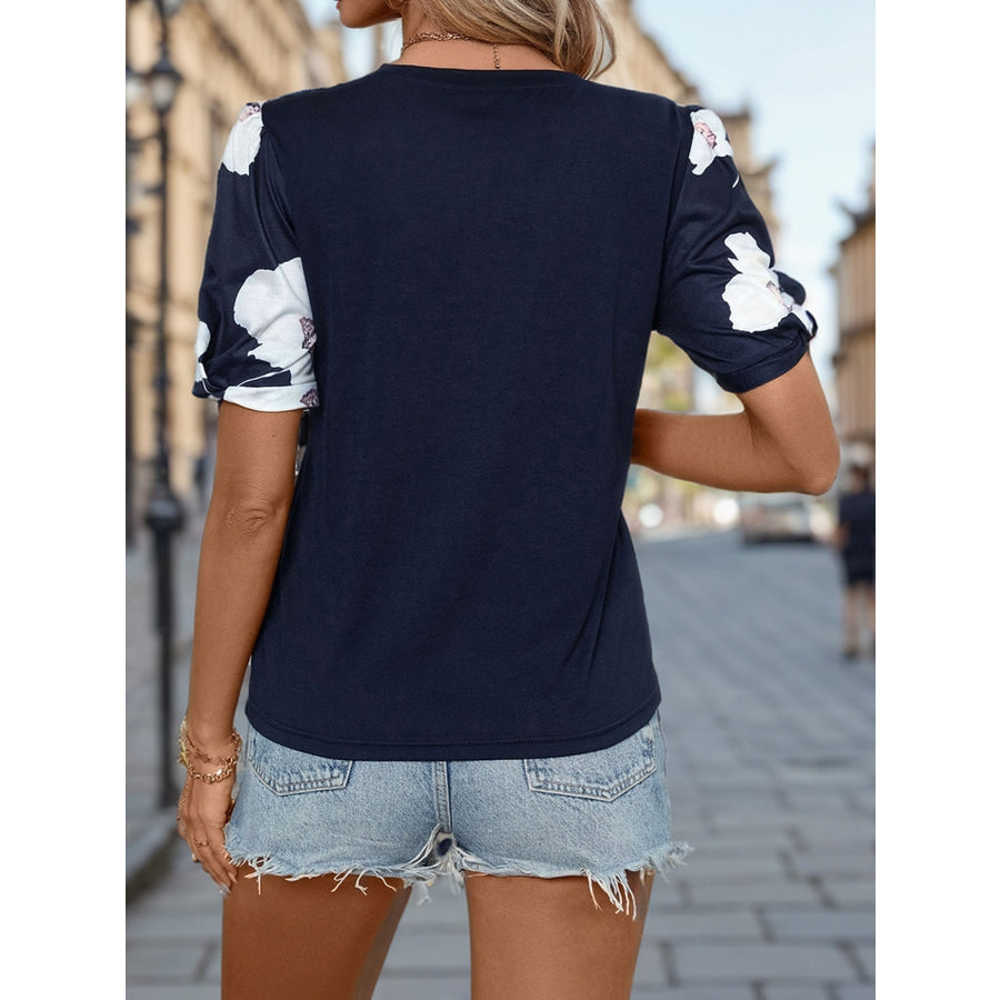 Printed Round Neck Short Sleeve T-Shirt Dark Blue / S Apparel and Accessories