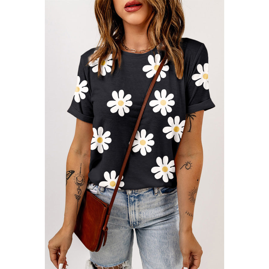 Printed Round Neck Short Sleeve T-Shirt Black / XL Apparel and Accessories