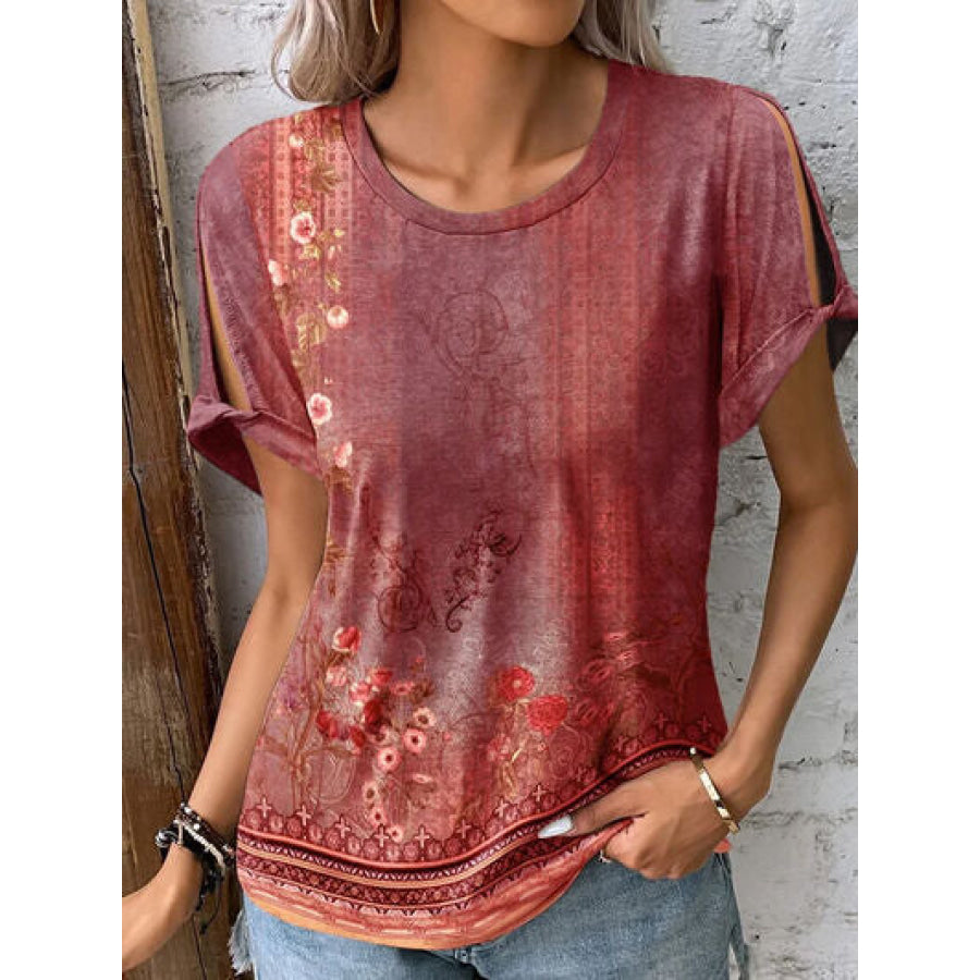Printed Round Neck Short Sleeve T - Shirt Burnt Coral / S Apparel and Accessories