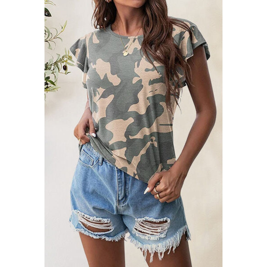 Printed Round Neck Short Sleeve T-Shirt Charcoal / S Apparel and Accessories